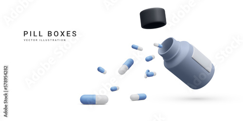 3d realistic pill bottle with flying treatment medication capsule pills isolated on white background. Health care concept banner for pharmacy. Vector illustration