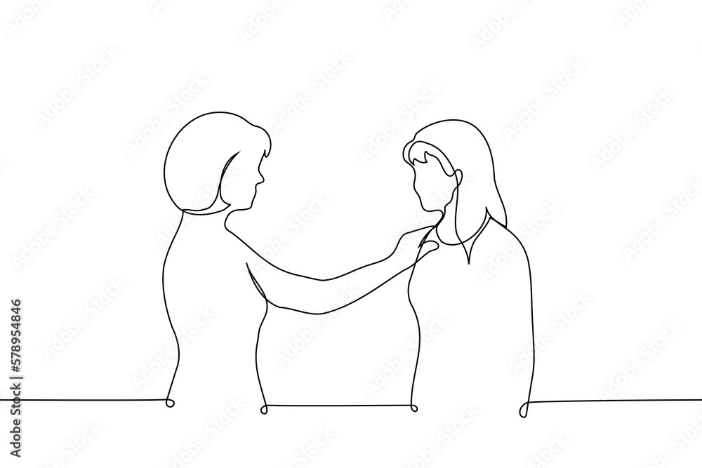 woman put her hand on the shoulder of another woman friend, sister or lover - one line drawing vector. concept women support women woman put her hand on the shoulder of another woman friend, sister or lover - one line drawing vector. concept women support women