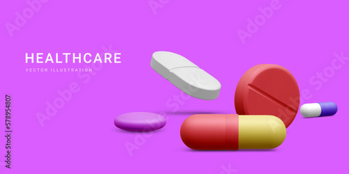 3d realistic pharmacy drug health tablet. Medical or pharmaceutical banner with pills. Vector illustration