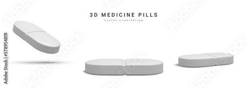 Set of 3d realistic pills isolated on white background. Medicine and drugs. Vector illustration