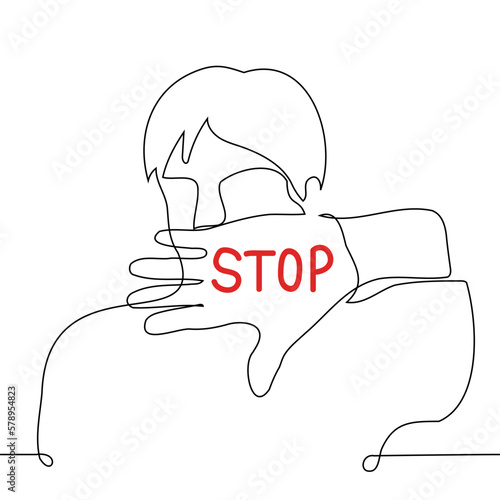 man shows the inside of the palm with the word STOP - one line drawing vector. concept call to stop