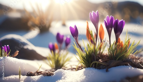 Spring landscape with first flowers purple crocuses on the snow in nature in the rays of sunlight, Generative AI © Salsabila Ariadina