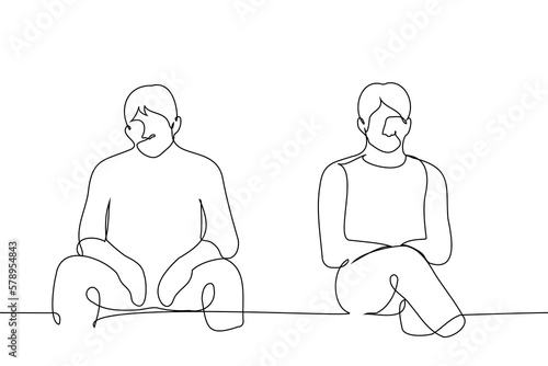 men sit side by side but separately - one line drawing vector. concept strangers on the bench, male friends quarreled
