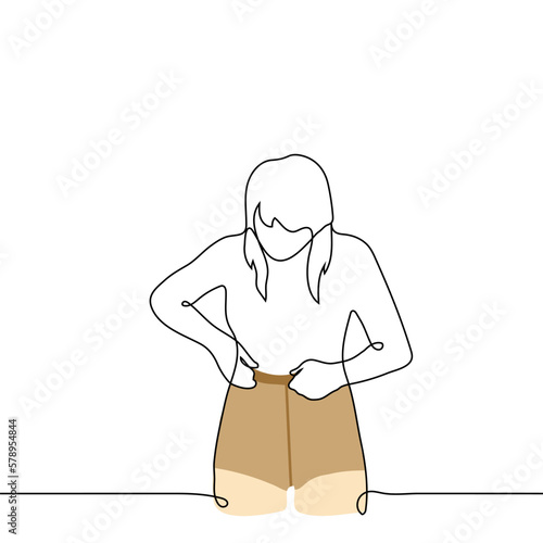 woman putting on flesh-colored nylon tights - one line drawing vector. concept woman putting on pantyhose