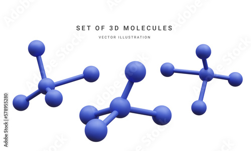 Set of 3d realistic abstract molecules isolated on white background. Medicine, biology, chemistry and science concept in cartoon style. Vector illustration