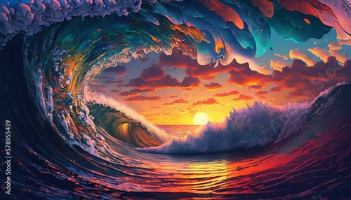Colorful Ocean Wave. Sea water in crest shape. Sunset light and beautiful clouds on background. Generative ai