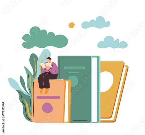Reader with books and publications, bookworm hobby