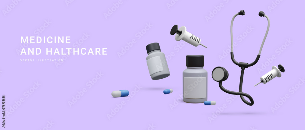 3d realistic stethoscope, pill boxes and syringe isolated on light background. Vector illustration