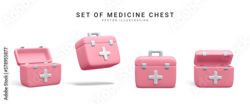 Set of 3d realistic medicine chest isolated on white background. First aid kit in cartoon style. Vector illustration