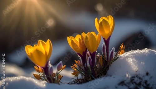 The first spring flowers yellow crocuses on the snow in nature in the rays of sunlight close-up macro, Generative AI © Salsabila Ariadina