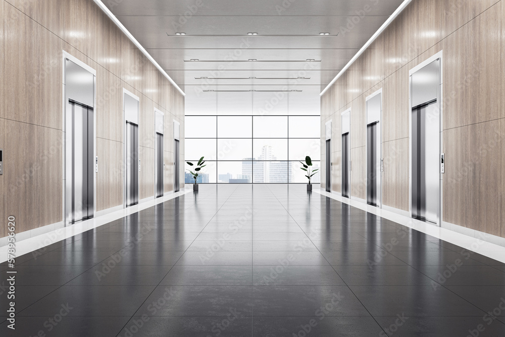 Front view on empty spacious business center corridor with wooden walls and place for product presentation on dark glossy floor between elevators on city view background. 3D rendering, mock up