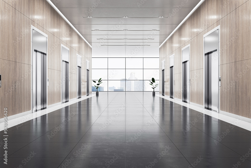 Front view on empty spacious business center corridor with wooden walls and place for product presentation on dark glossy floor between elevators on city view background. 3D rendering, mock up Front view on empty spacious business center corridor with wooden walls and place for product presentation on dark glossy floor between elevators on city view background. 3D rendering, mock up