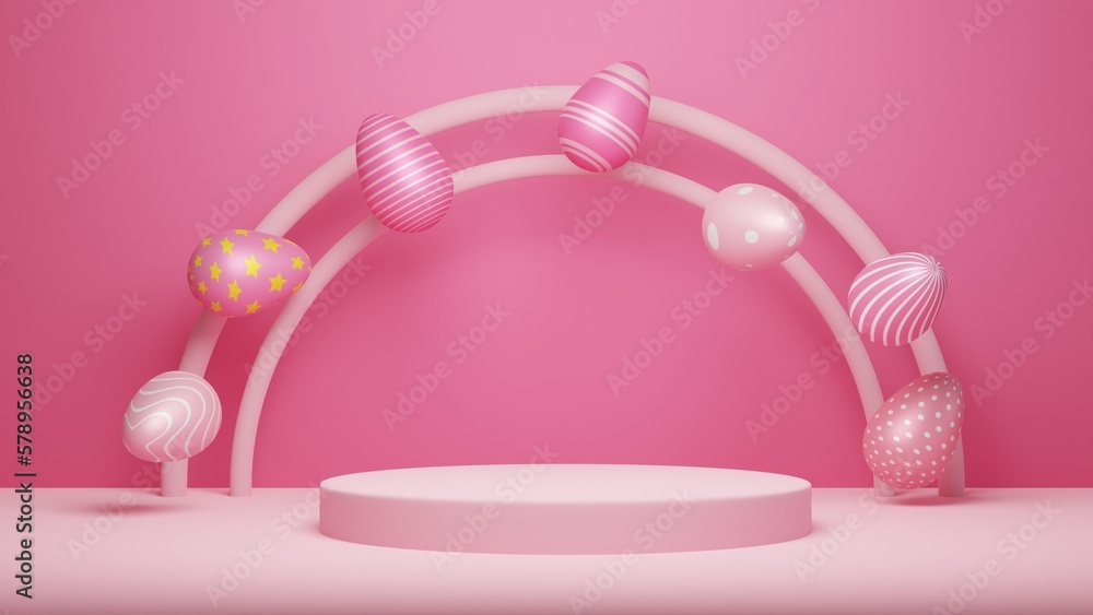 Happy easter product display stand. Easter podium on pastel pink background 3D rendering. Happy easter product display stand. Easter podium on pastel pink background 3D rendering.