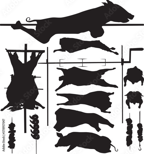 Barbecue (BBQ) meat vector silhouettes: pork, calf, lamp, poultry, skewer, roasting jack. Layered. Fully editable