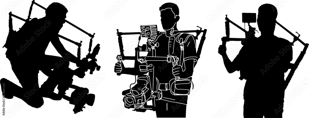 Silhouette set of Video camera man wearing Camera Gimbal Support ...