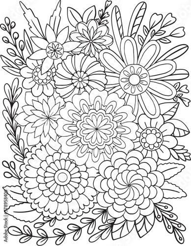 Hand drawn Flowers pattern. Doodle design for a coloring book or background decorative. Relaxation for adults and kids. Vector Illustration. 