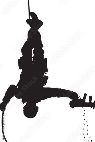 SWAT team soldier shooting while rappelling upside down vector silhouette. Fully editable