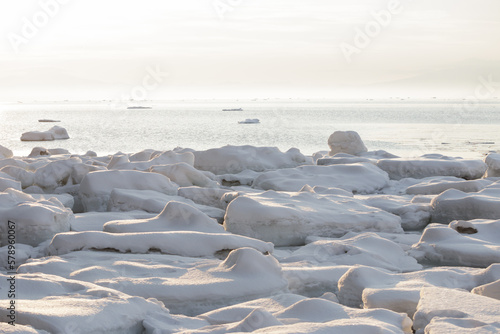 Sea drift ice piled up on winter beach