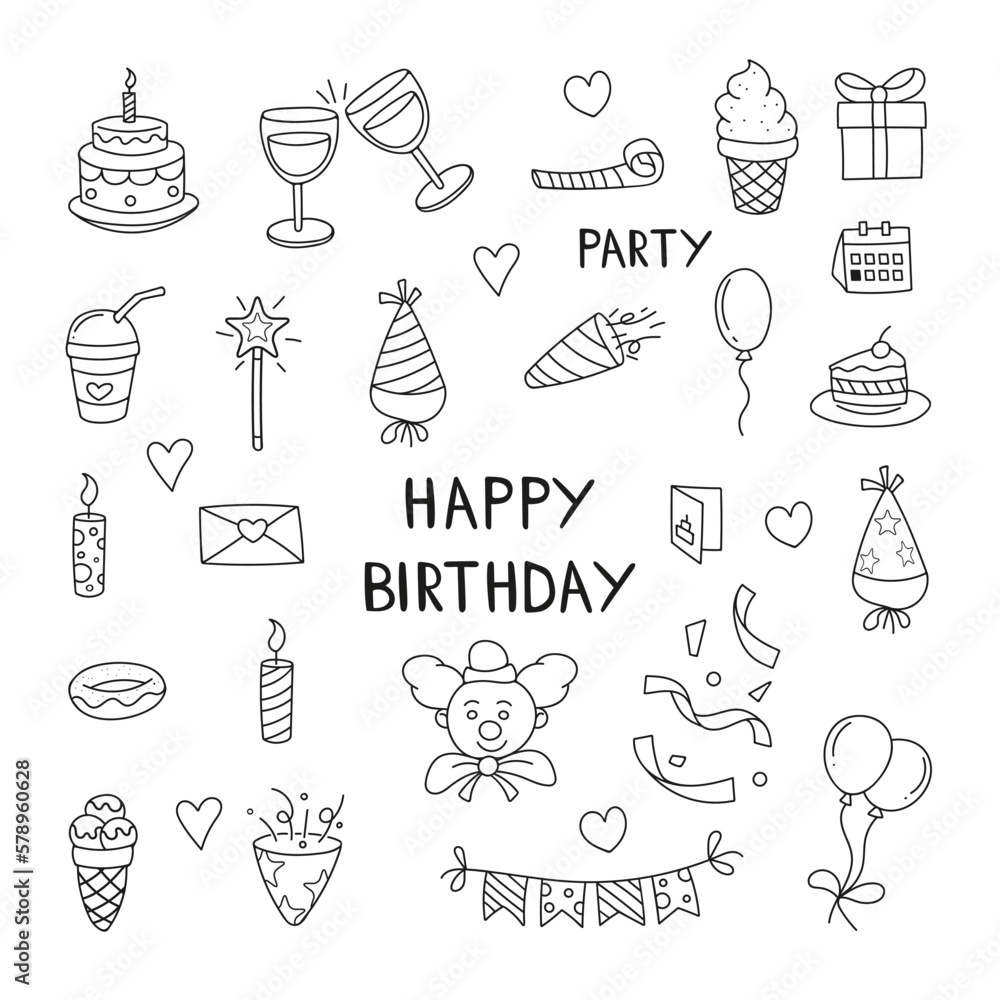 set of element doodle decoration birthday. vector set of elements for birthday and party doodles
