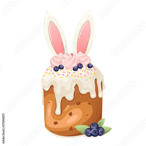 Easter cake decorated with rabbit ears and marshmallow isolated on white background. Traditional Easter baking