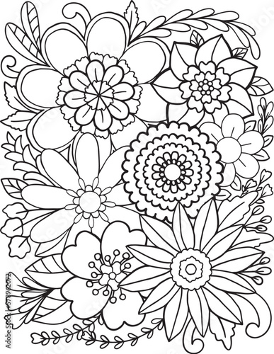 Hand drawn Flower pattern. Doodle design no.10 for a coloring book or background decorative. Relaxation for adults and kids. Vector Illustration.  