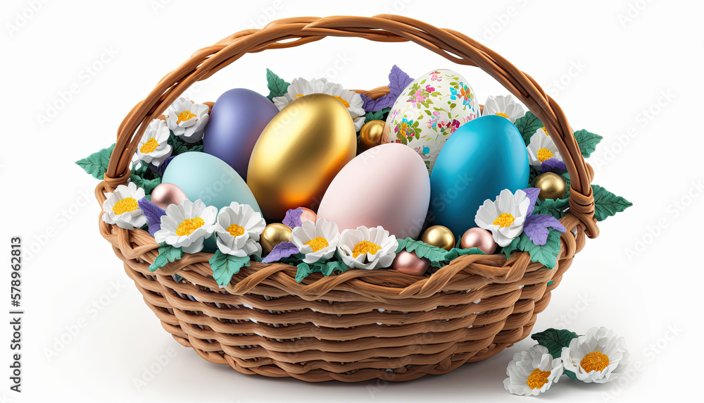Basket of Painted Easter Egg. Seasonal decoration. Generative AI
