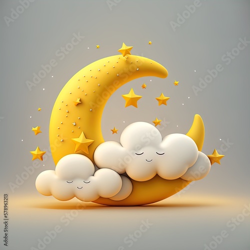 yellow Crescent moon with stars and cute clouds with smiles in smooth 3d style. Baby decoration for sleep products design.