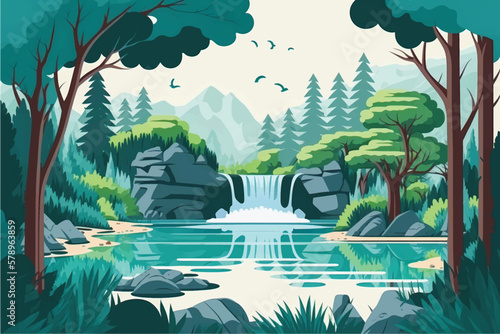 Serene Nature Landscape with Lake, Waterfall & Lush Green Trees - Flat Vector Illustration Ideal for Social Media Posts & Ads