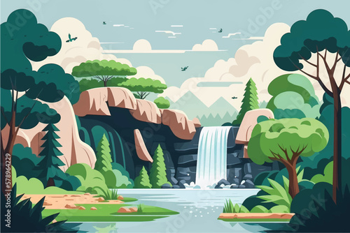 Serene Nature Landscape with Lake, Waterfall & Lush Green Trees - Flat Vector Illustration Ideal for Social Media Posts & Ads