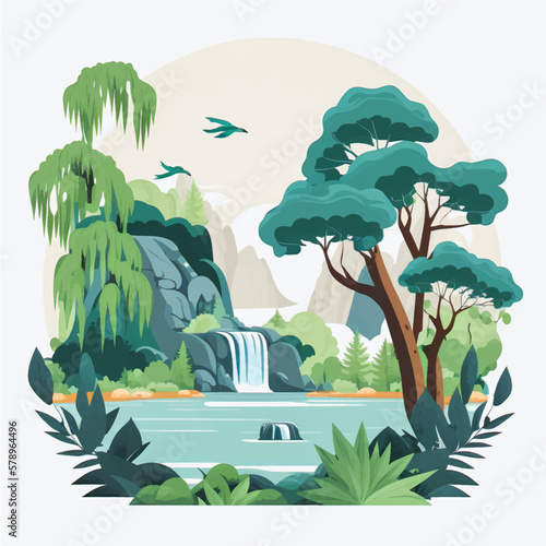 Serene Nature Landscape with Lake, Waterfall & Lush Green Trees - Flat Vector Illustration Ideal for Social Media Posts & Ads