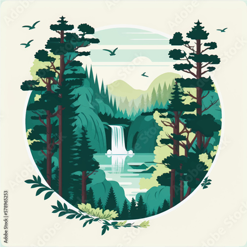 Serene Nature Landscape with Lake, Waterfall & Lush Green Trees - Flat Vector Illustration Ideal for Social Media Posts & Ads