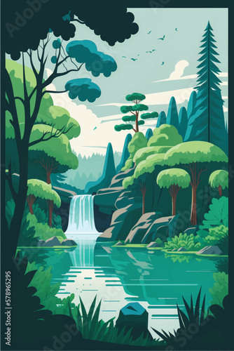 Serene Nature Landscape with Lake, Waterfall & Lush Green Trees - Flat Vector Illustration Ideal for Social Media Posts & Ads
