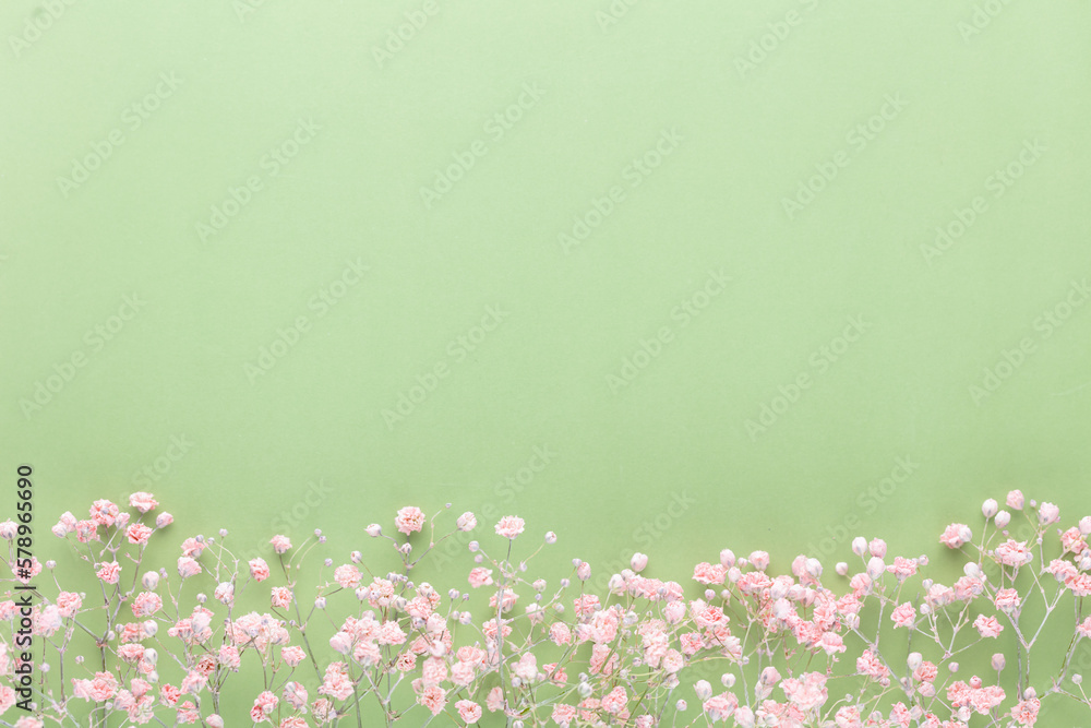 Beautiful flower background of pink gypsophila flowers. Flat lay, top view. Floral pattern.