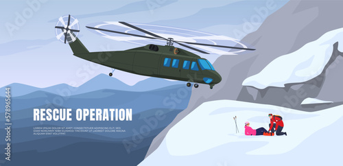 Rescue helicopter in the mountains with a group of rescuers. Rescue and search for victims in snowy mountain areas. Vector illustration