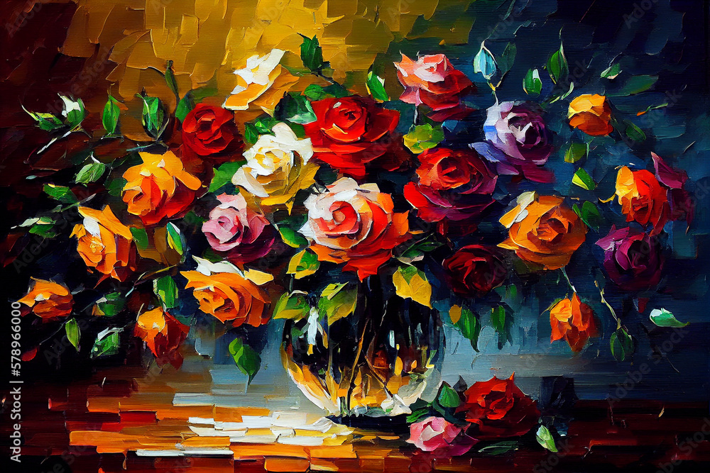 An exquisite bouquet of roses arranged in a beautiful vase, displaying a range of vibrant colors and delicate petals, generative ai illustration