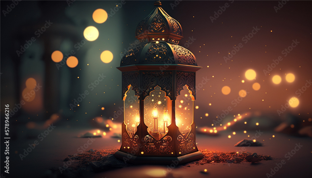 Ramadan Lantern with Light Glowing at Night, Generative ai