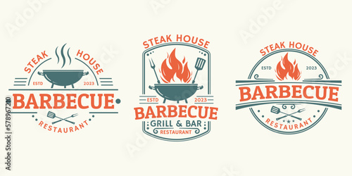 Barbeque logo set. BBQ icon or label. Grill bar  restaurant  steak house vintage badge design with fire flame  grill fork and spatula. Vector illustration.