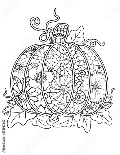 A Pumpkin with flowers for autumn or Halloween. Hand drawn lines. Doodles art for greeting cards, invitation or poster. Coloring book for adult and kids.
