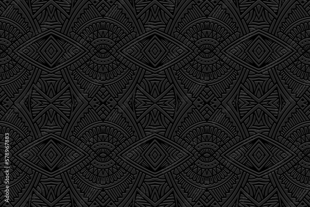 Embossed black background, cover design. Geometric 3D pattern, press paper, leather, creative art deco. Boho, handmade ethnic themes. Traditions of the East, Asia, India, Mexico, Aztecs, Peru.