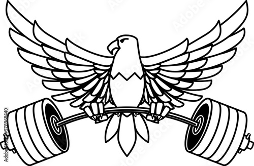 Eagle holding a barbell. Gym mascot. Design element for logo, label, sign, emblem. Vector illustration