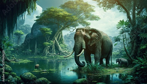 10,000 BC forest habitat for variety of creatures and vegetation, including mammoths, tigers, primates, birds, reptiles and insects, floor blanketed by thick layer of leaves, twigs, and toppled trees. © bennymarty