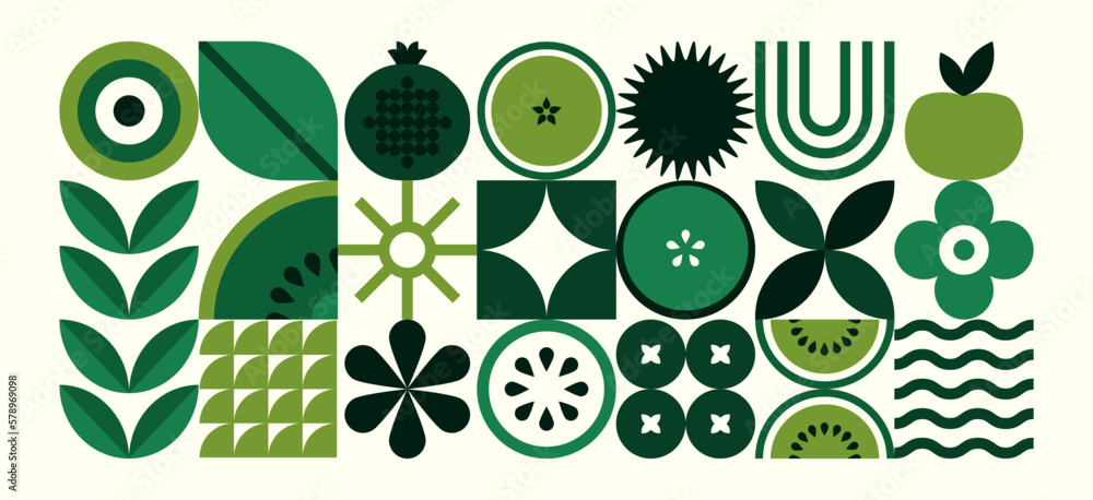 Abstract geometric food pattern. Natural fruit plants simple shape, eco agriculture concept. Vector minimal illustration - obrazy, fototapety, plakaty 