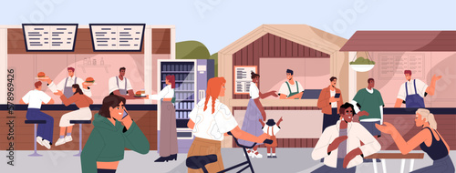 Outdoor food court, street market with people and stalls panorama. Summer fastfood area with kiosks, counters, happy characters relaxing, eating, talking at weekend. Flat vector illustration