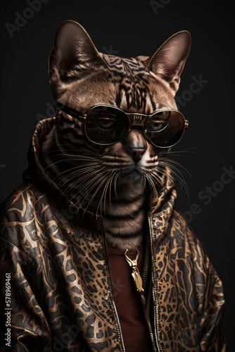 Portrait de chat portant des lunettes de soleil et des vêtements humain, photo façon studio drôle et décalée, ia génarative (4) photo