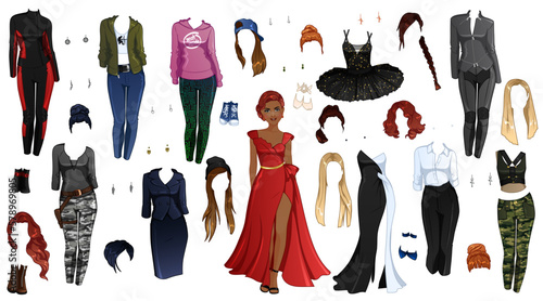 Spy Lady Paper Doll Game with Body Template Clothing, Hairstyles and Accessories. Vector Illustration