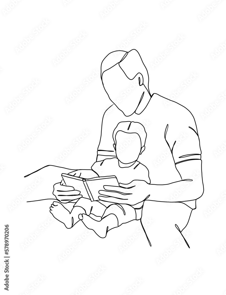 Continuous one line drawing of father with baby. Vector illustration.