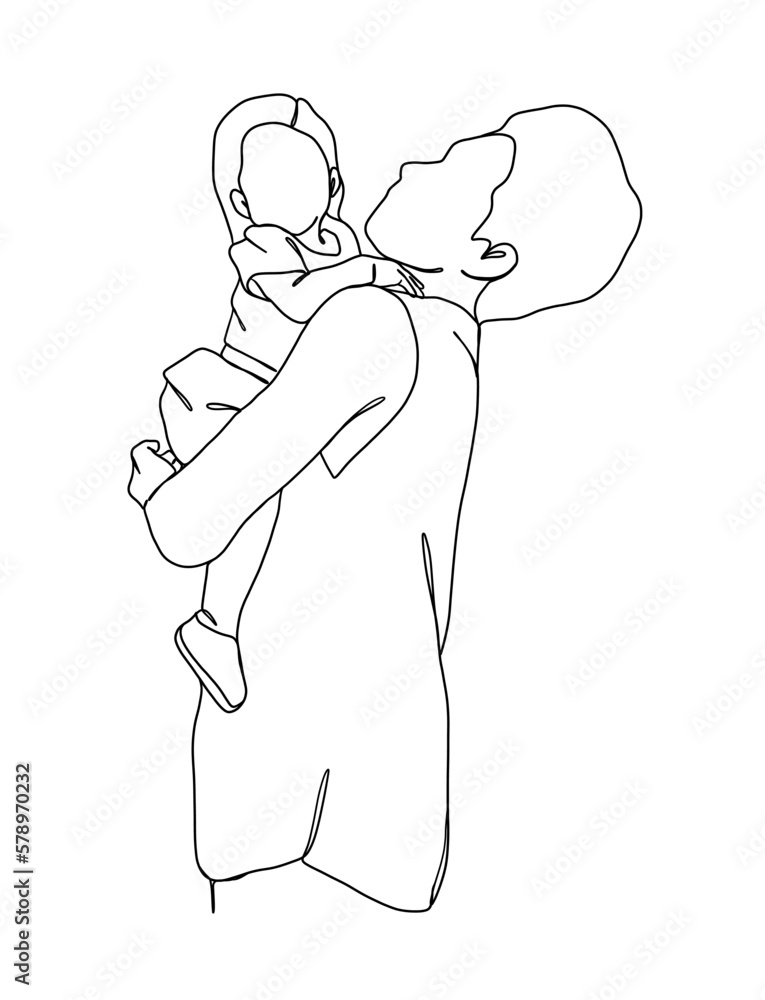 Continuous one line drawing of father with baby. Vector illustration. Continuous one line drawing of father with baby. Vector illustration.