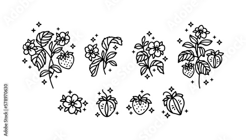 Hand drawn vintage strawberry plant and floral vector line art illustration for logo, brand, organic food products, label, stickers, nature objects