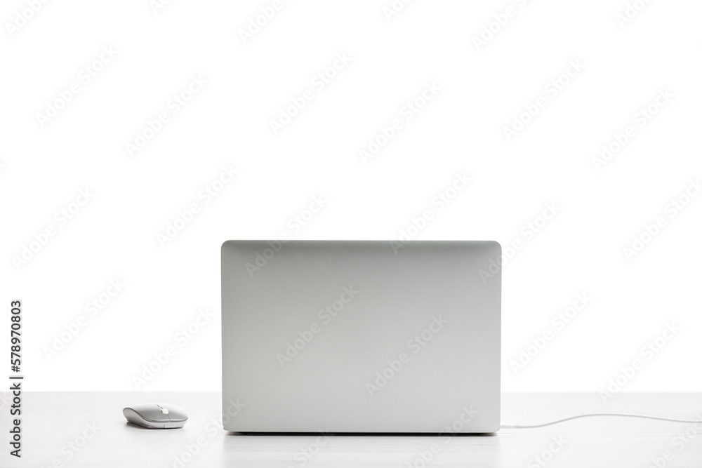 Back side of modern laptop on office table with mouse. PNG Image. - obrazy, fototapety, plakaty 