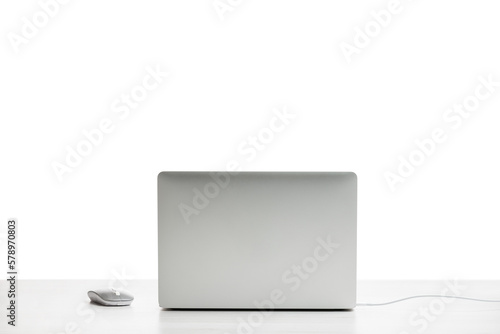 Back side of modern laptop on office table with mouse. PNG Image.